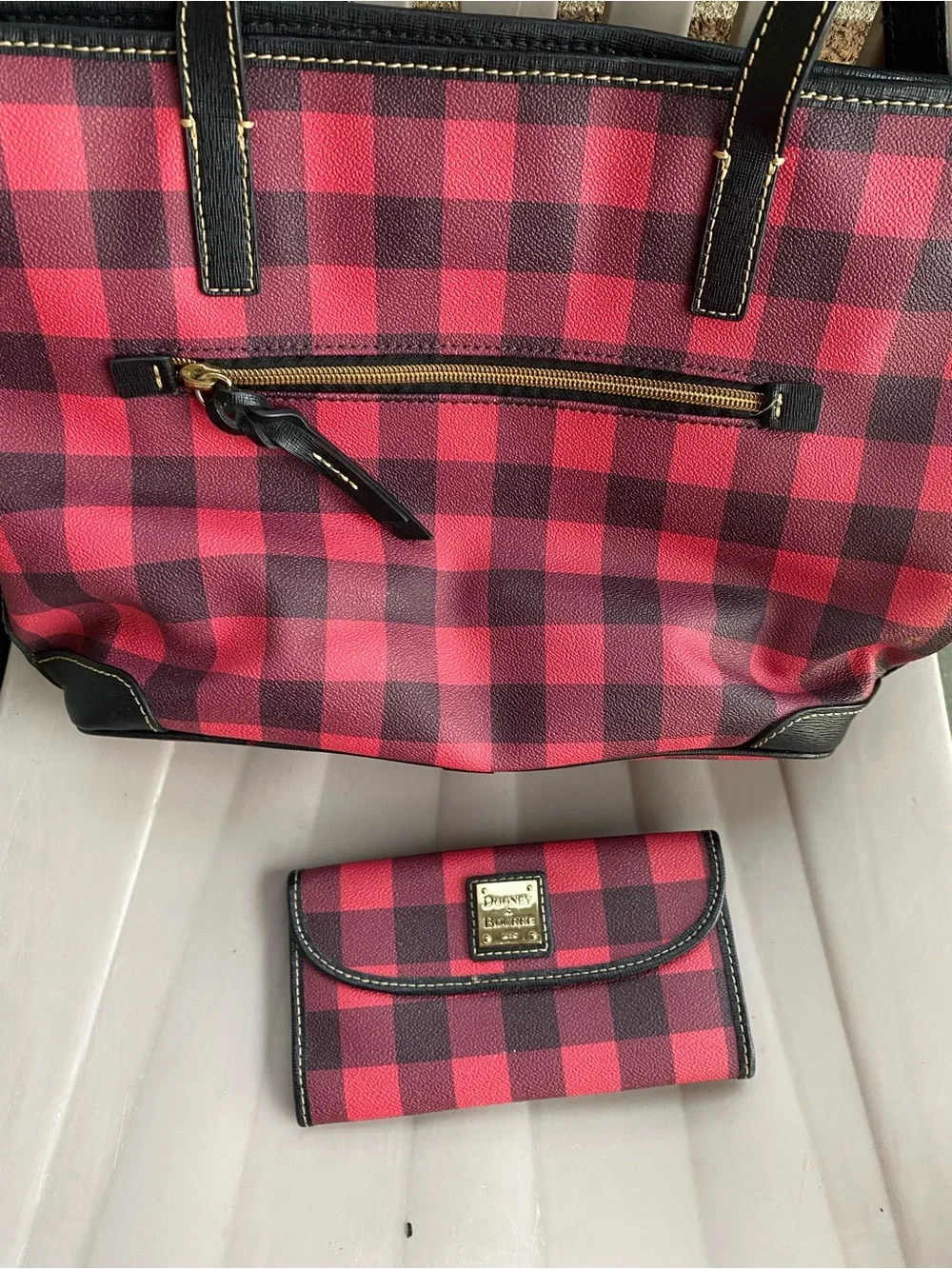 Dooney & Bourke Pink and Black Buffalo Check Tote with Matching Wallet